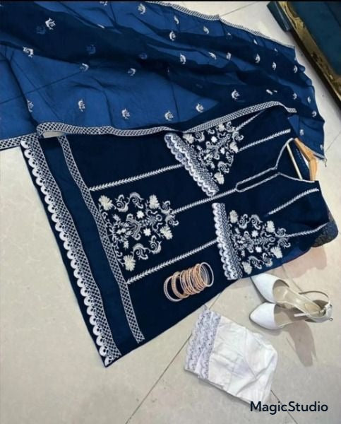 Sleeves, Shirt Embroidered with Lace Attached with Cotton Trouser 3PCs