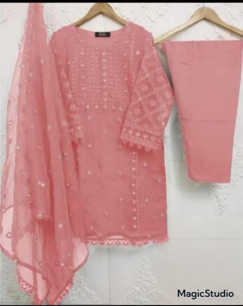 3PCs Embroidery Shirt With Same Pearls Attached &amp; Embroidered Dupatta