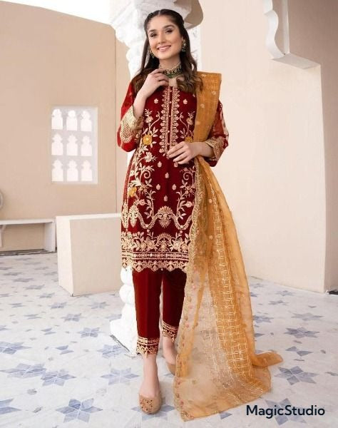 Heavy Embroidered Shirt with Embroidered Trouser Embroidered Dupatta 3PCs