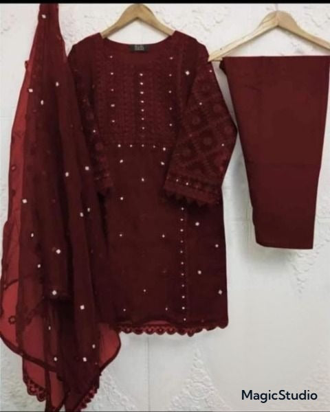 3PCs Embroidery Shirt With Same Pearls Attached &amp; Embroidered Dupatta