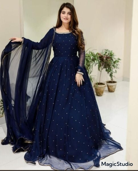 Front And Back Pearls With Lace Work Long Flare Maxi With Lace Dupatta 3PCs