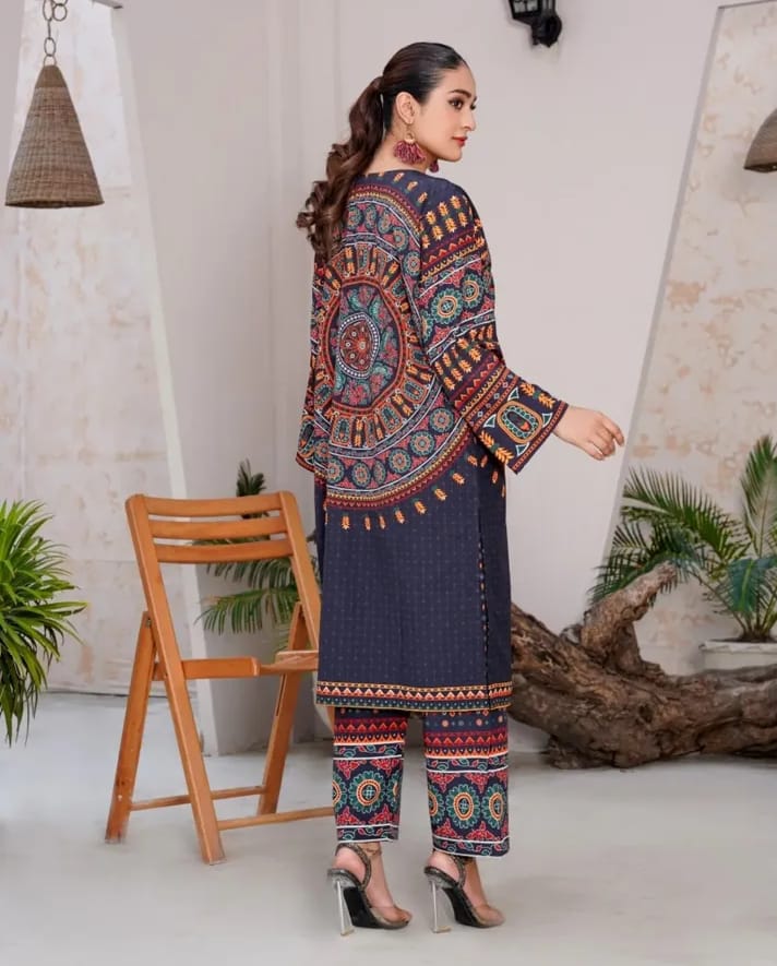 FRONT &amp; BACK Digital Printed Bell Sleeves, Stitched Mirror Embroidery Shirt With Printed Trouser 2Piece&nbsp;